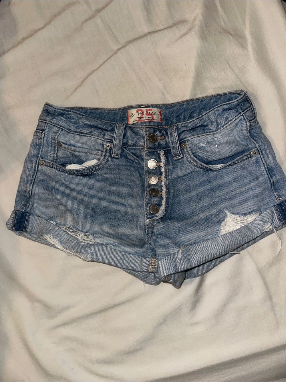 Free People Distressed Light Blue Denim Button-Front Women's Jean Shorts